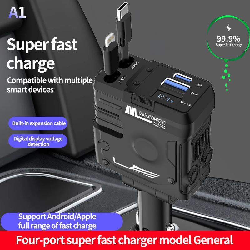 LASATE Retractable Car Charger 4 in 1, USB C Fast Charging Adapter with Lightning Cable&Dual Charge Port Compatible with Iphone 15/14/13 Pro Max Plus/Ipad/Airpods,Samsung Galaxy S23/S22/S10,Google,Smartphone