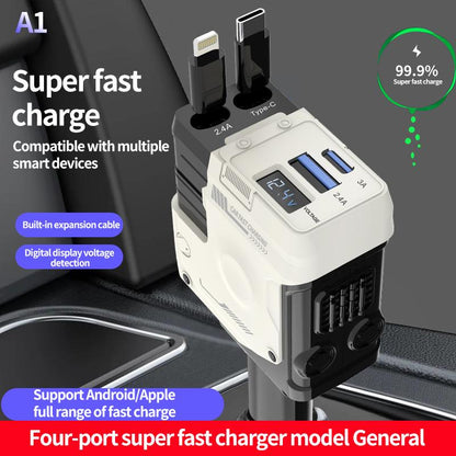 LASATE Retractable Car Charger 4 in 1, USB C Fast Charging Adapter with Lightning Cable&Dual Charge Port Compatible with Iphone 15/14/13 Pro Max Plus/Ipad/Airpods,Samsung Galaxy S23/S22/S10,Google,Smartphone