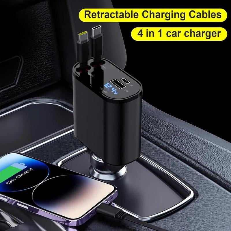 LASATE Retractable Car Charger 4 in 1, USB C Fast Charging Adapter with Lightning Cable&Dual Charge Port Compatible with Iphone 15/14/13 Pro Max Plus/Ipad/Airpods,Samsung Galaxy S23/S22/S10,Google,Smartphone