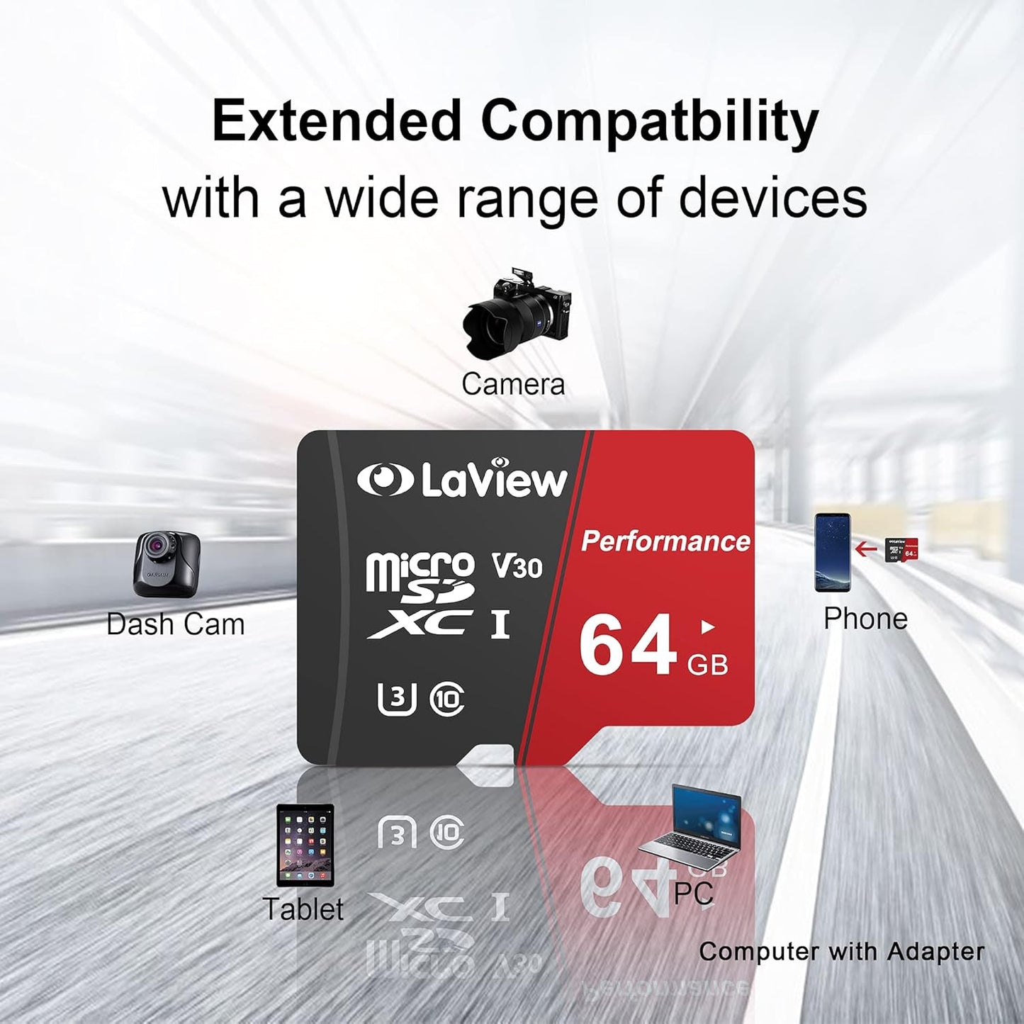 64GB Micro SDXC UHS-I Memory Card - 95MB/s, 633X, U3, C10, V30, A1, FAT32, High-Speed Flash TF Card with Adapter for Computers, Phones, and Tablets